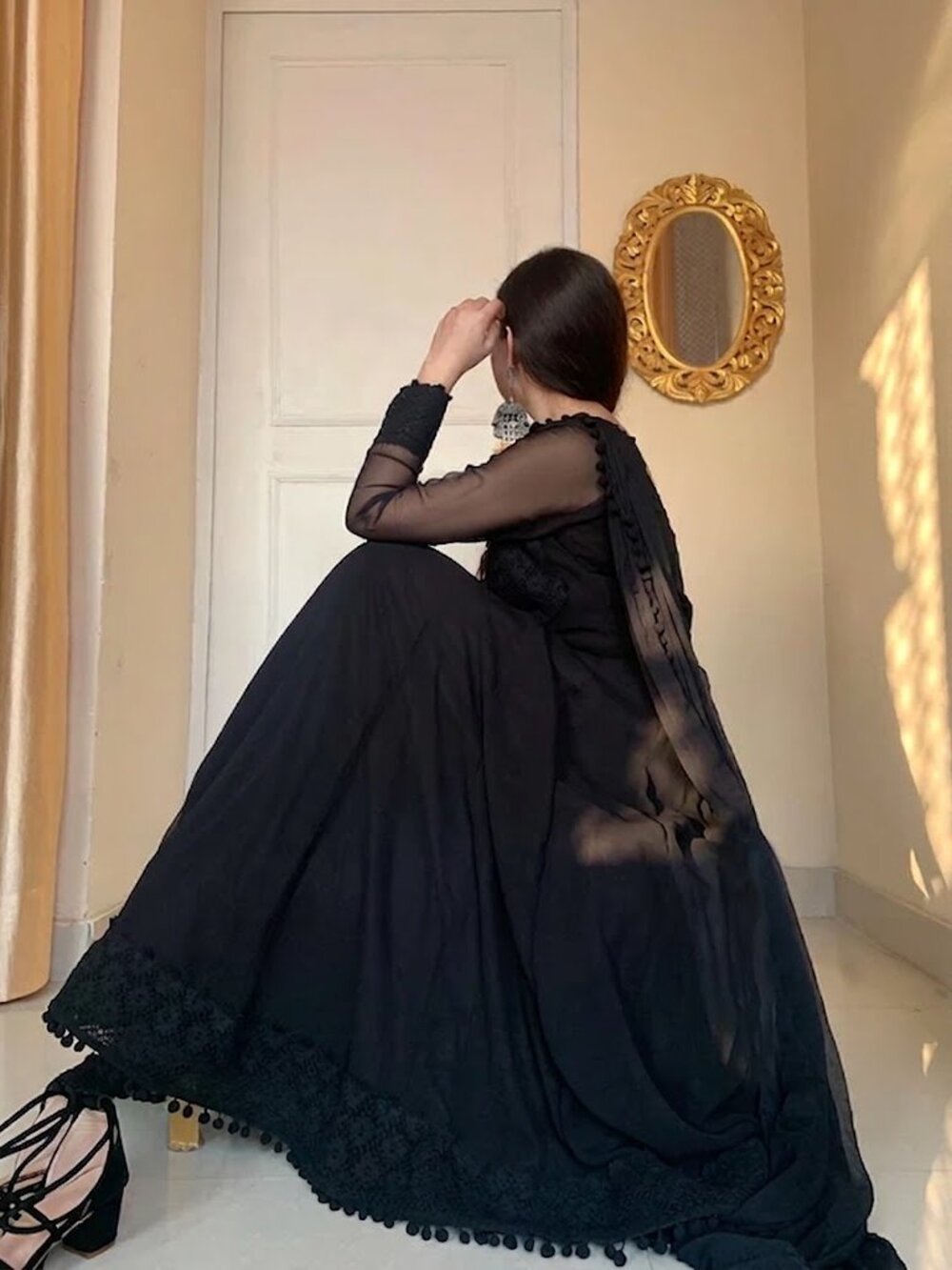Handmade Black Lace Anarkali Dress Set | Romantic Gothic | 3-Piece BRAND NEW